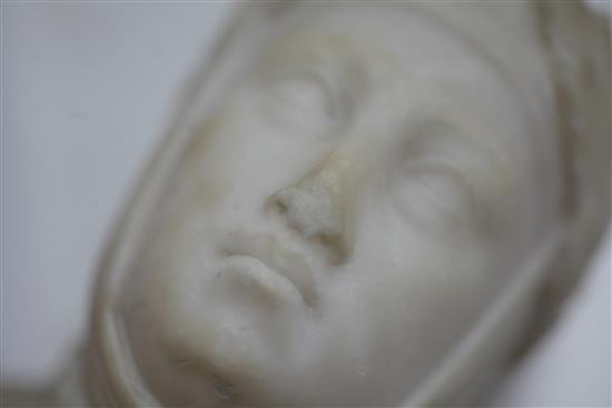 A set of six early 19th century Italian carved alabaster busts of artists and writers, height 8.25in.